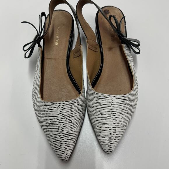 All Black Flats Womens 37.5 6.5 Black White Slingback Bow Tie Pointed Toe - Picture 1 of 7